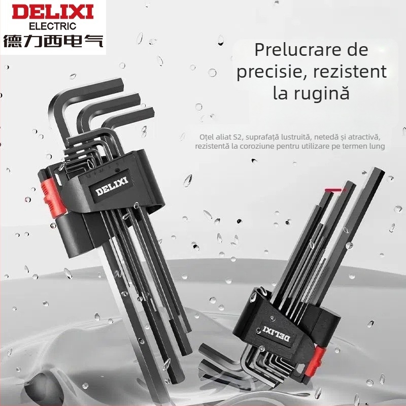 Delixi Set chei Allen, din aliaj, cap hexagonal interior, moment de cuplu înalt