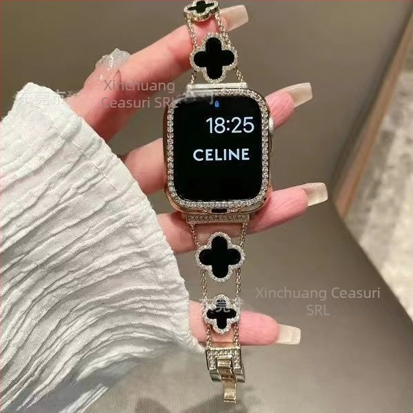Gucini curea din oțel inoxidabil pentru Apple Watch, cu motiv trifoi cu patru foi, 20/22 mm, 45 g