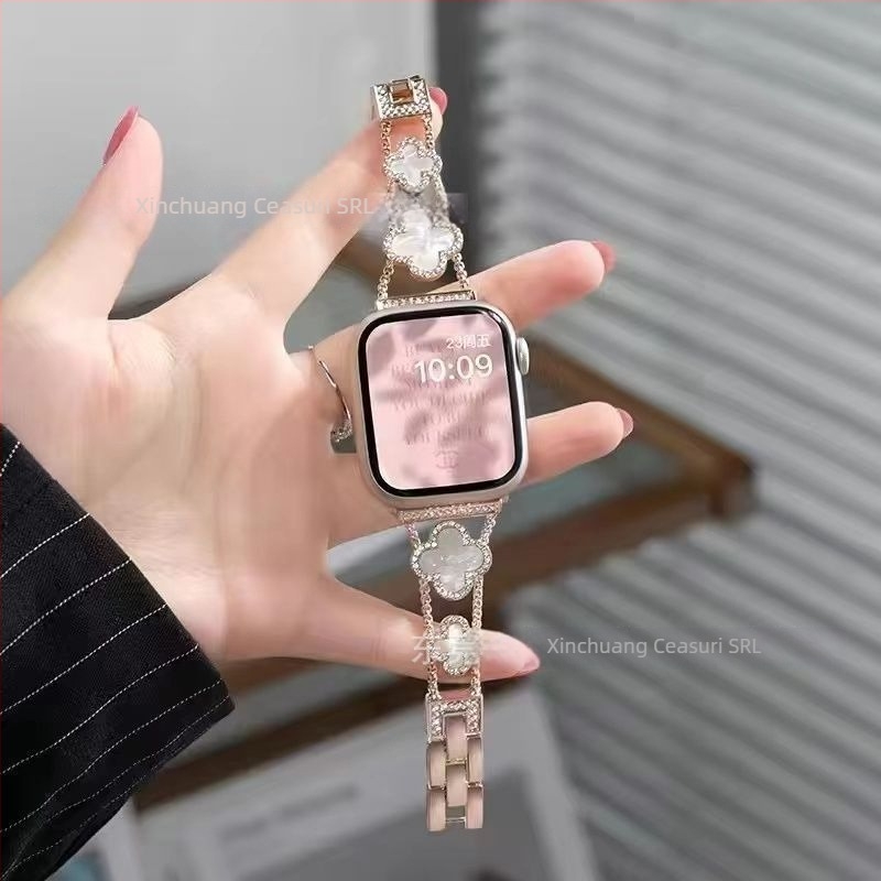 Gucini curea din oțel inoxidabil pentru Apple Watch, cu motiv trifoi cu patru foi, 20/22 mm, 45 g