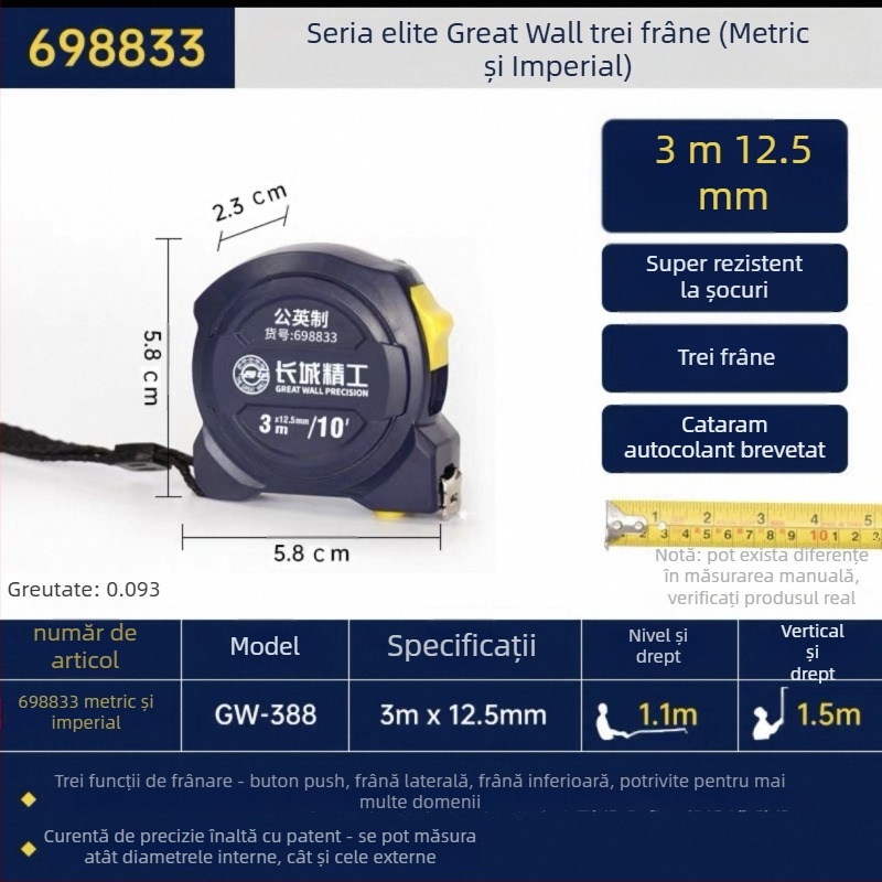 Măsurător cu bandă Great Wall Seiko – oțel cu carbon înalt, cu trei frâne, Luban ruler