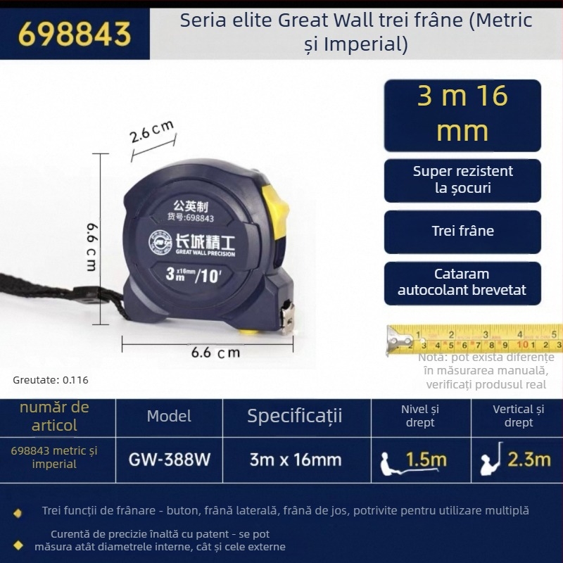 Măsurător cu bandă Great Wall Seiko – oțel cu carbon înalt, cu trei frâne, Luban ruler