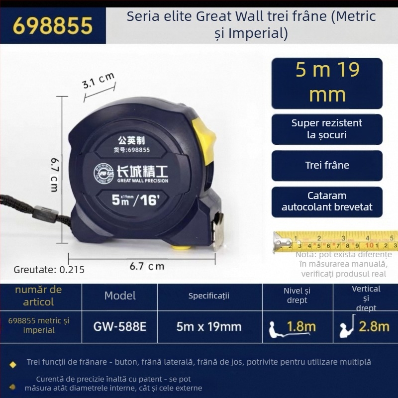 Măsurător cu bandă Great Wall Seiko – oțel cu carbon înalt, cu trei frâne, Luban ruler
