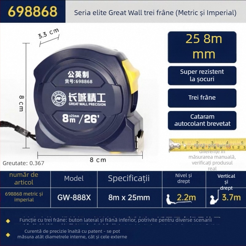 Măsurător cu bandă Great Wall Seiko – oțel cu carbon înalt, cu trei frâne, Luban ruler