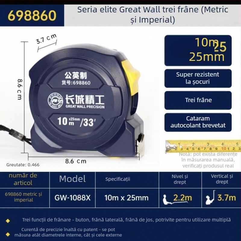 Măsurător cu bandă Great Wall Seiko – oțel cu carbon înalt, cu trei frâne, Luban ruler