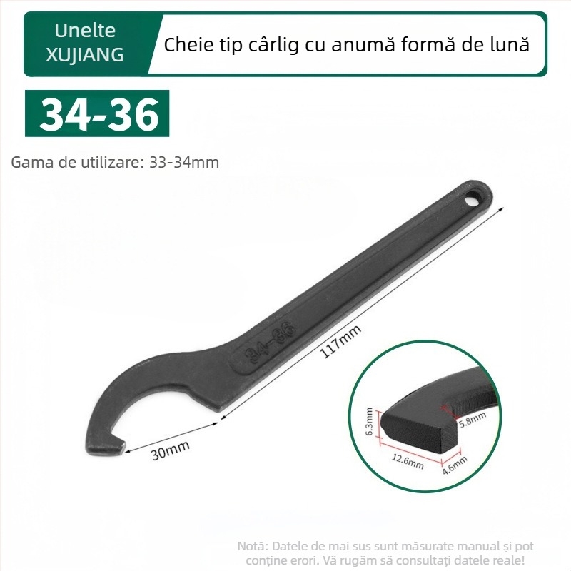 Cheie pentru instalații cu cap de cârlig în formă de semilună, amortizant, pentru capacul contorului de apă; Material: oțel 45#; Design: gaură laterală pentru piuliță rotundă