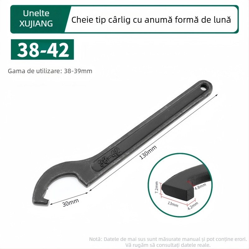 Cheie pentru instalații cu cap de cârlig în formă de semilună, amortizant, pentru capacul contorului de apă; Material: oțel 45#; Design: gaură laterală pentru piuliță rotundă
