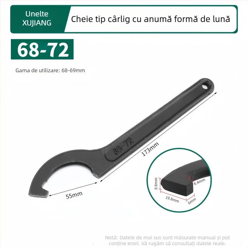 Cheie pentru instalații cu cap de cârlig în formă de semilună, amortizant, pentru capacul contorului de apă; Material: oțel 45#; Design: gaură laterală pentru piuliță rotundă