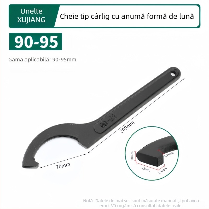 Cheie pentru instalații cu cap de cârlig în formă de semilună, amortizant, pentru capacul contorului de apă; Material: oțel 45#; Design: gaură laterală pentru piuliță rotundă