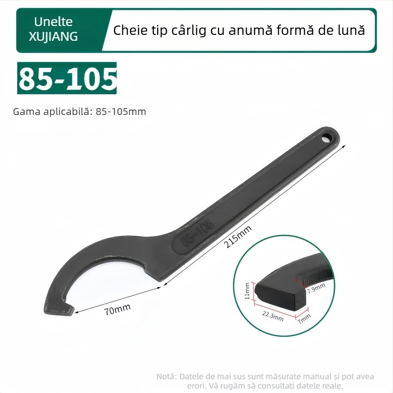 Cheie pentru instalații cu cap de cârlig în formă de semilună, amortizant, pentru capacul contorului de apă; Material: oțel 45#; Design: gaură laterală pentru piuliță rotundă