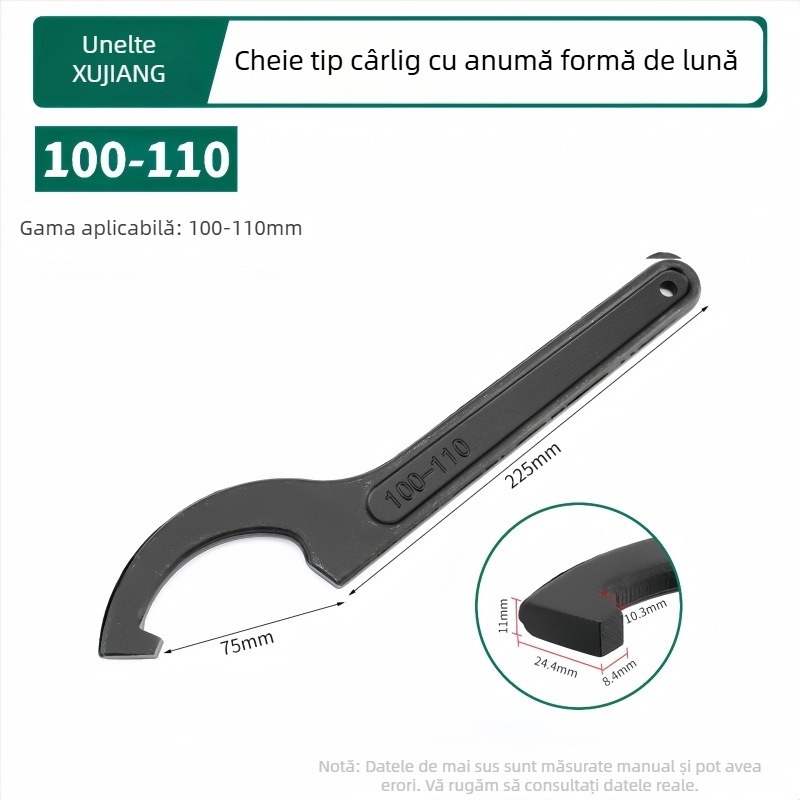 Cheie pentru instalații cu cap de cârlig în formă de semilună, amortizant, pentru capacul contorului de apă; Material: oțel 45#; Design: gaură laterală pentru piuliță rotundă