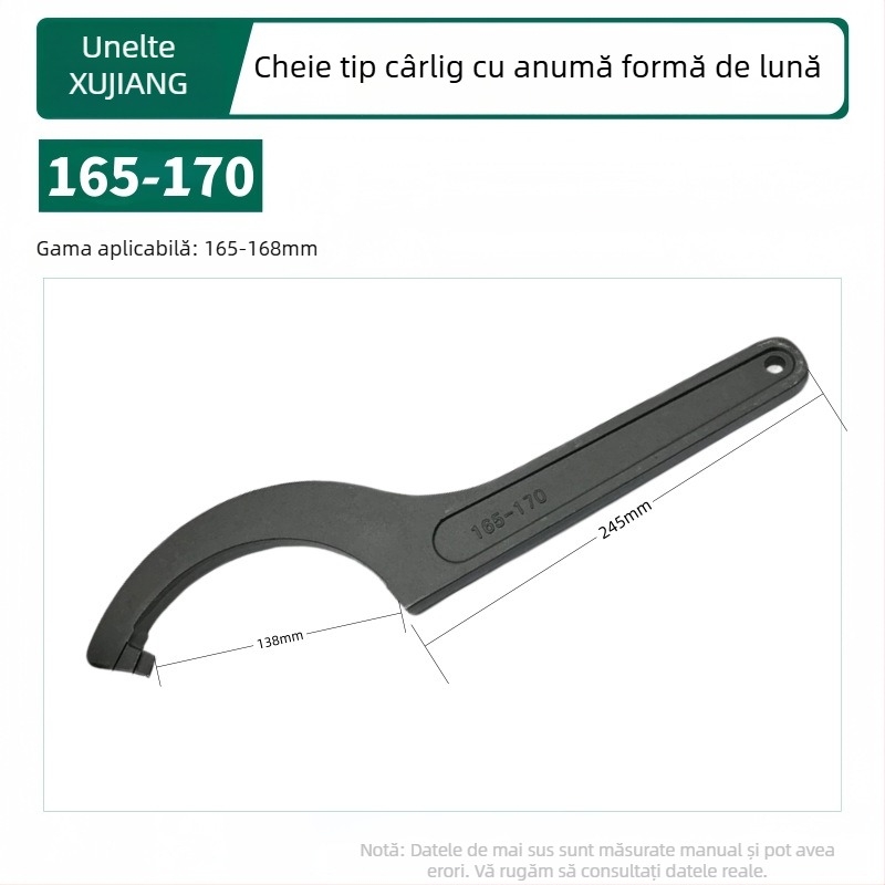 Cheie pentru instalații cu cap de cârlig în formă de semilună, amortizant, pentru capacul contorului de apă; Material: oțel 45#; Design: gaură laterală pentru piuliță rotundă