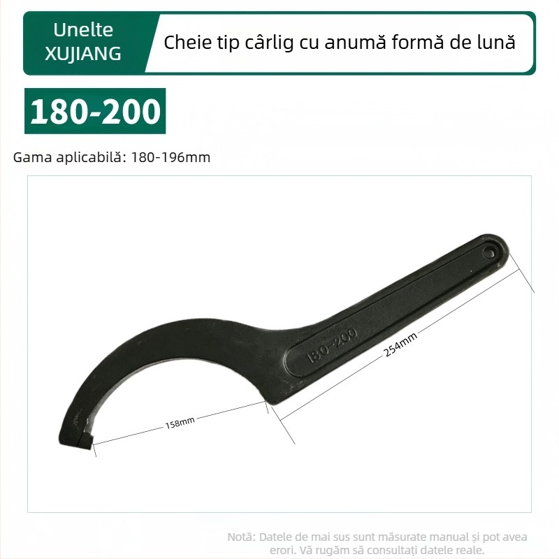 Cheie pentru instalații cu cap de cârlig în formă de semilună, amortizant, pentru capacul contorului de apă; Material: oțel 45#; Design: gaură laterală pentru piuliță rotundă