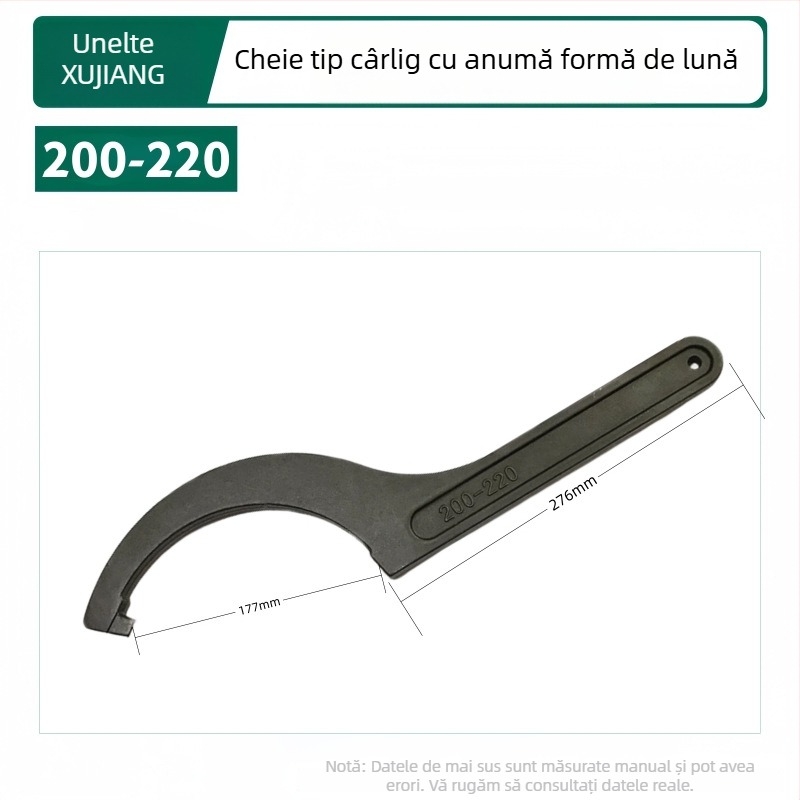 Cheie pentru instalații cu cap de cârlig în formă de semilună, amortizant, pentru capacul contorului de apă; Material: oțel 45#; Design: gaură laterală pentru piuliță rotundă