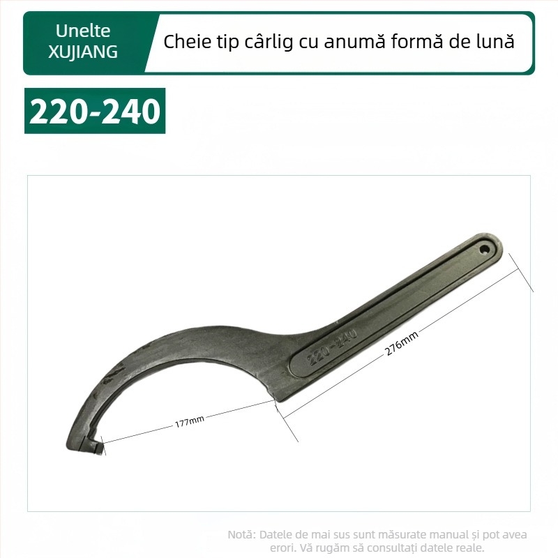 Cheie pentru instalații cu cap de cârlig în formă de semilună, amortizant, pentru capacul contorului de apă; Material: oțel 45#; Design: gaură laterală pentru piuliță rotundă