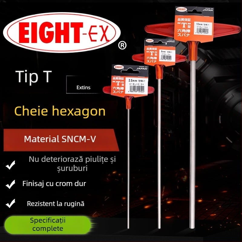 Set șuruburi hexagon cu mâner în formă de T extins, model 018l–2h, oțel crom-vanadiu, format metrice, origine Japonia