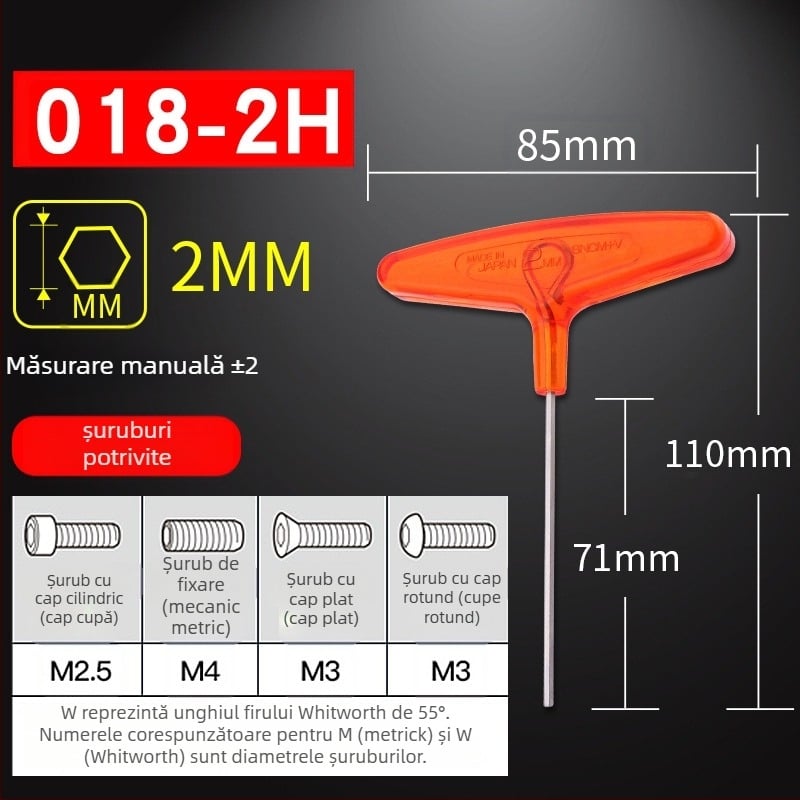 Set șuruburi hexagon cu mâner în formă de T extins, model 018l–2h, oțel crom-vanadiu, format metrice, origine Japonia