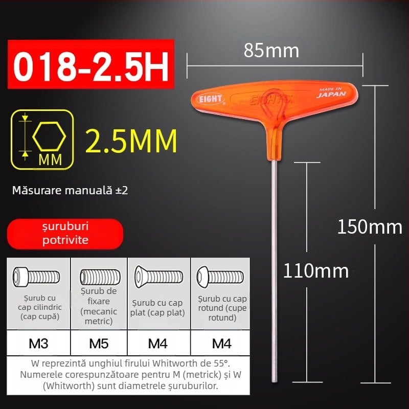 Set șuruburi hexagon cu mâner în formă de T extins, model 018l–2h, oțel crom-vanadiu, format metrice, origine Japonia