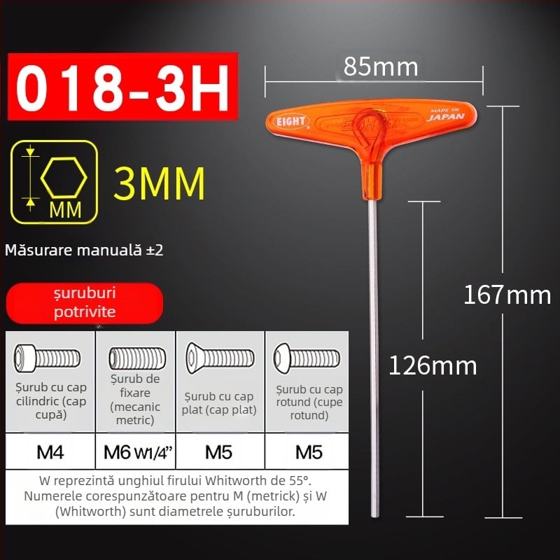 Set șuruburi hexagon cu mâner în formă de T extins, model 018l–2h, oțel crom-vanadiu, format metrice, origine Japonia