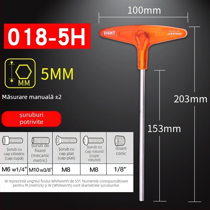 Set șuruburi hexagon cu mâner în formă de T extins, model 018l–2h, oțel crom-vanadiu, format metrice, origine Japonia