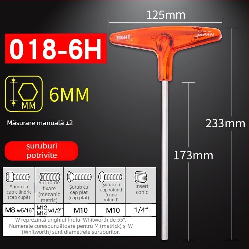 Set șuruburi hexagon cu mâner în formă de T extins, model 018l–2h, oțel crom-vanadiu, format metrice, origine Japonia