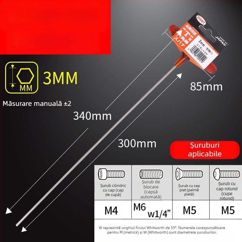 Set șuruburi hexagon cu mâner în formă de T extins, model 018l–2h, oțel crom-vanadiu, format metrice, origine Japonia