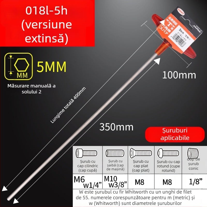 Set șuruburi hexagon cu mâner în formă de T extins, model 018l–2h, oțel crom-vanadiu, format metrice, origine Japonia