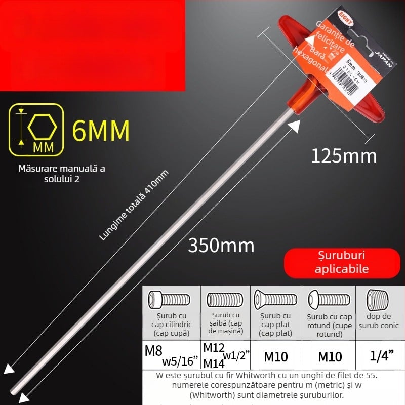 Set șuruburi hexagon cu mâner în formă de T extins, model 018l–2h, oțel crom-vanadiu, format metrice, origine Japonia
