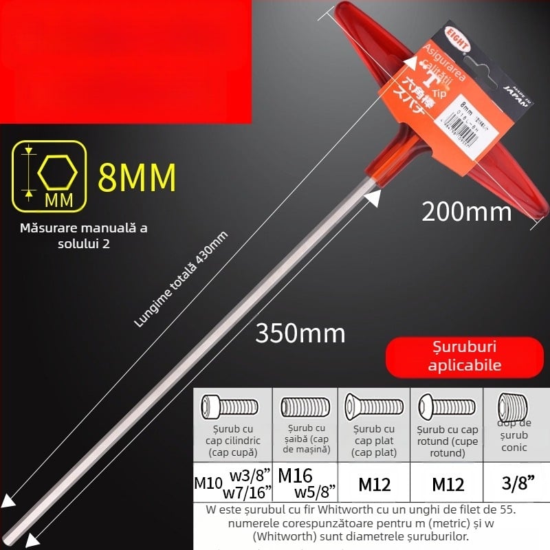 Set șuruburi hexagon cu mâner în formă de T extins, model 018l–2h, oțel crom-vanadiu, format metrice, origine Japonia