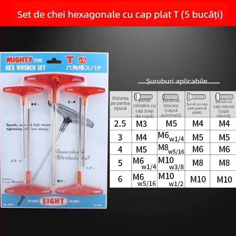 Set șuruburi hexagon cu mâner în formă de T extins, model 018l–2h, oțel crom-vanadiu, format metrice, origine Japonia