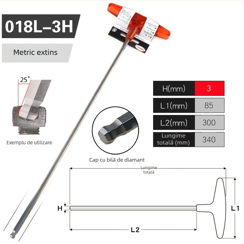 Set șuruburi hexagon cu mâner în formă de T extins, model 018l–2h, oțel crom-vanadiu, format metrice, origine Japonia