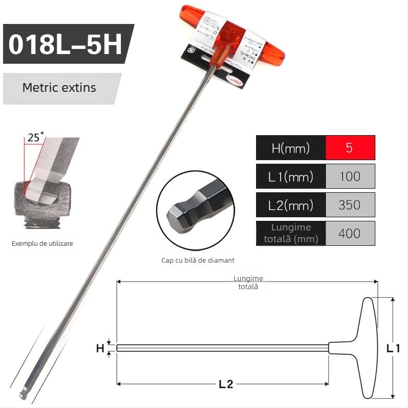 Set șuruburi hexagon cu mâner în formă de T extins, model 018l–2h, oțel crom-vanadiu, format metrice, origine Japonia
