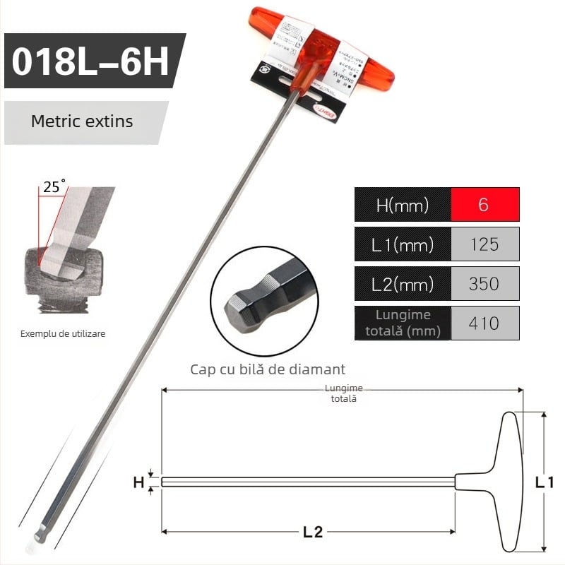 Set șuruburi hexagon cu mâner în formă de T extins, model 018l–2h, oțel crom-vanadiu, format metrice, origine Japonia