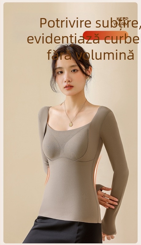 Top termic din lână-mătase cu decolteu în V, cupe integrate, tricot gros 251–300 g/m², principal material 80–90%, mâneci lungi, modelare a corpului și căldură