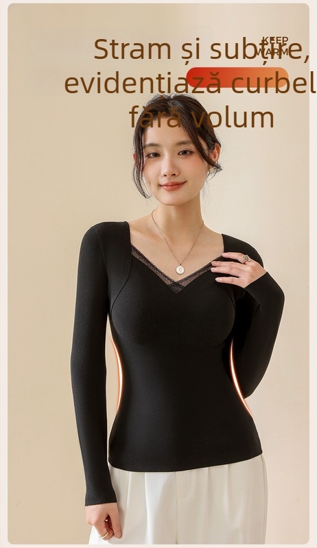 Top termic din lână-mătase cu decolteu în V, cupe integrate, tricot gros 251–300 g/m², principal material 80–90%, mâneci lungi, modelare a corpului și căldură