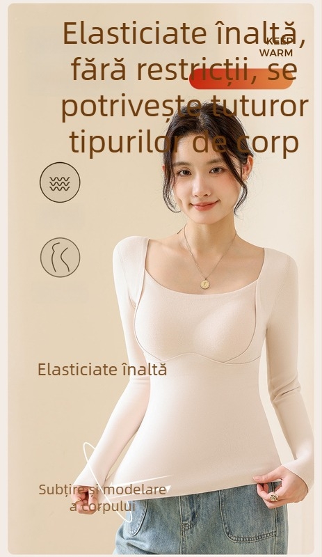 Top termic din lână-mătase cu decolteu în V, cupe integrate, tricot gros 251–300 g/m², principal material 80–90%, mâneci lungi, modelare a corpului și căldură