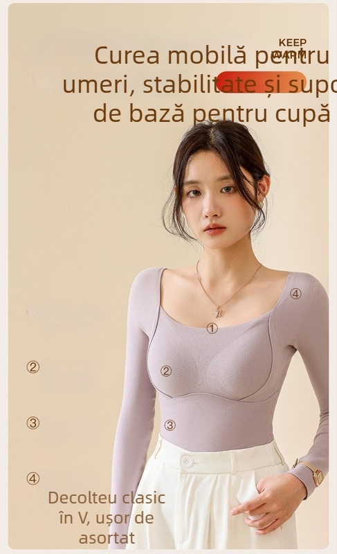 Top termic din lână-mătase cu decolteu în V, cupe integrate, tricot gros 251–300 g/m², principal material 80–90%, mâneci lungi, modelare a corpului și căldură