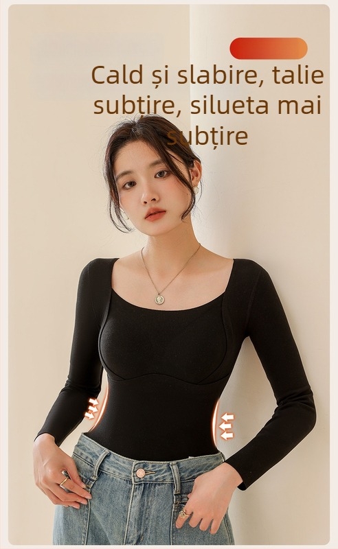 Top termic din lână-mătase cu decolteu în V, cupe integrate, tricot gros 251–300 g/m², principal material 80–90%, mâneci lungi, modelare a corpului și căldură