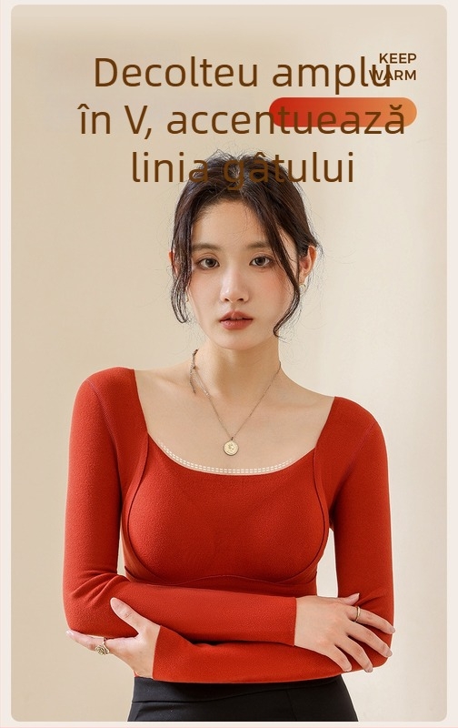 Top termic din lână-mătase cu decolteu în V, cupe integrate, tricot gros 251–300 g/m², principal material 80–90%, mâneci lungi, modelare a corpului și căldură