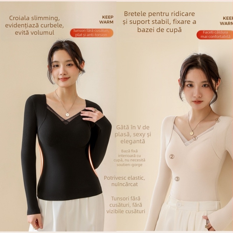 Top termic din lână-mătase cu decolteu în V, cupe integrate, tricot gros 251–300 g/m², principal material 80–90%, mâneci lungi, modelare a corpului și căldură