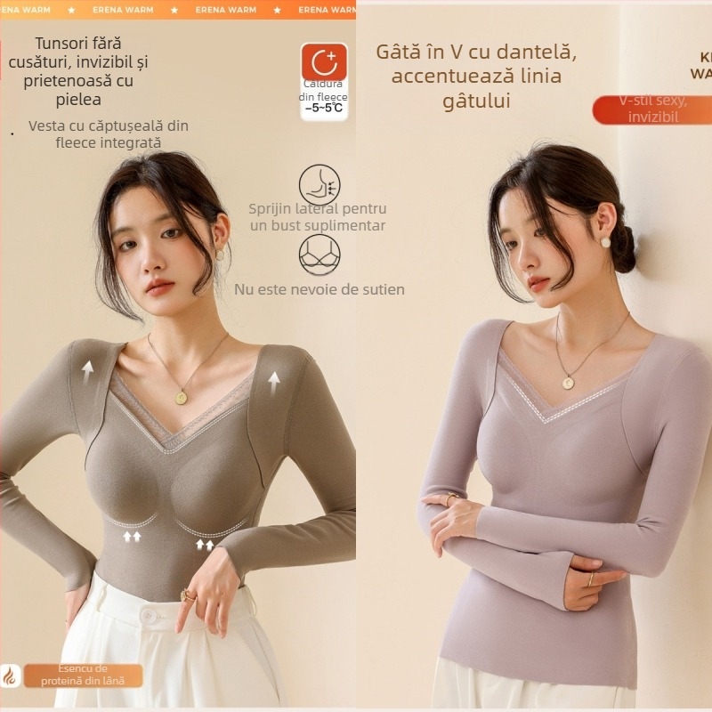 Top termic din lână-mătase cu decolteu în V, cupe integrate, tricot gros 251–300 g/m², principal material 80–90%, mâneci lungi, modelare a corpului și căldură
