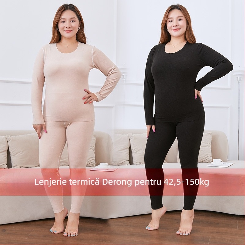Set de lenjerie termică pentru femei De Velvet: pulover cu guler rotund, mâneci lungi, fără cusături, pantaloni cu talie înaltă, material gros 260 g/m2, pentru toamnă-iarnă