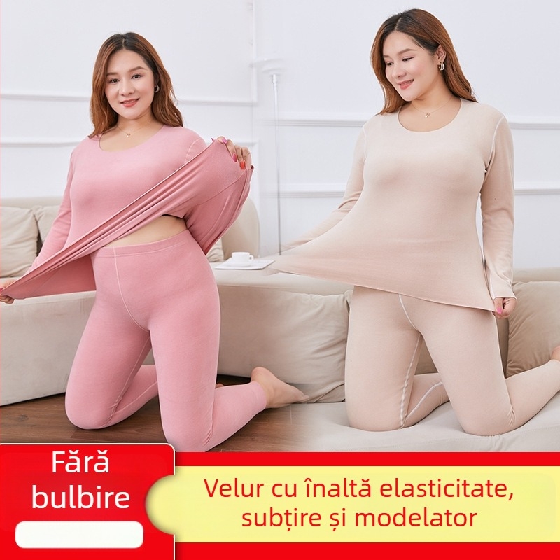 Set de lenjerie termică pentru femei De Velvet: pulover cu guler rotund, mâneci lungi, fără cusături, pantaloni cu talie înaltă, material gros 260 g/m2, pentru toamnă-iarnă
