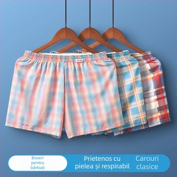 Boxeri pentru bărbați, țesătură cu model în carouri, fibră de poliester, talie medie, respirabili