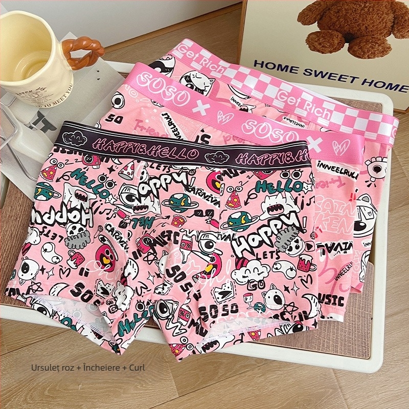 Boxeri bumbac pentru bărbați, model graffiti, respirabili și antibacterieni, design de ridicare a șoldurilor, căptușeală în zona inghinală cu bacterii lactice