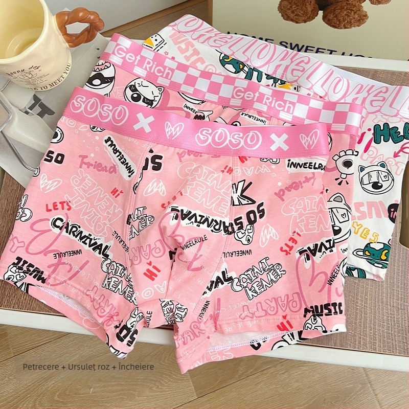 Boxeri bumbac pentru bărbați, model graffiti, respirabili și antibacterieni, design de ridicare a șoldurilor, căptușeală în zona inghinală cu bacterii lactice