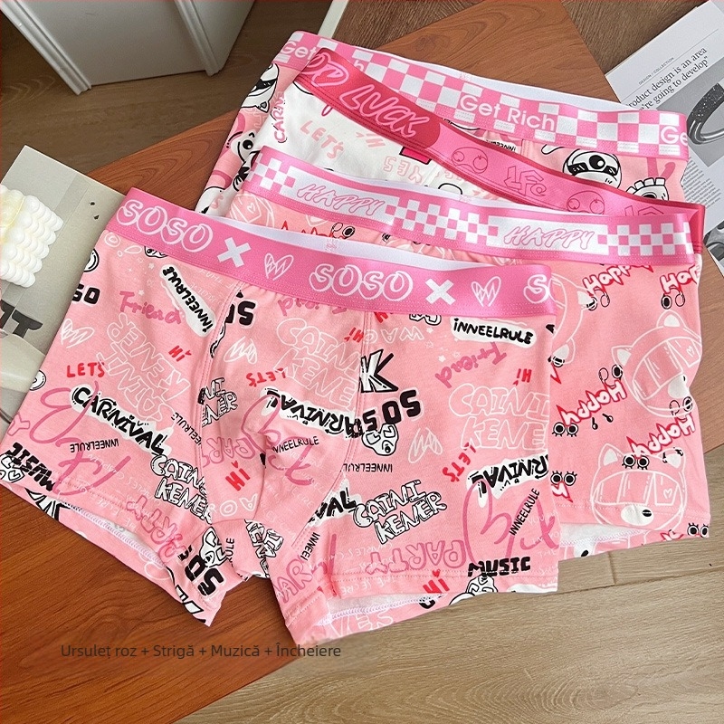 Boxeri bumbac pentru bărbați, model graffiti, respirabili și antibacterieni, design de ridicare a șoldurilor, căptușeală în zona inghinală cu bacterii lactice