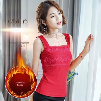 Camisolă de damă pentru toamnă-iarnă, croială slim, elastică, cu broderie, decupaje și dantelă; material modal, principal: bumbac 95%; decolteu mic; potrivit pentru toate anotimpurile