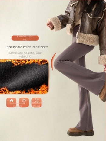 Pantaloni femei cu căptușeală polar, croială ușor evazată, amestec nylon-spandex 70-80% nylon, <30% spandex, textură 3D, groși și călduroși