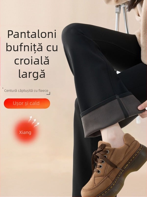 Pantaloni femei cu căptușeală polar, croială ușor evazată, amestec nylon-spandex 70-80% nylon, <30% spandex, textură 3D, groși și călduroși