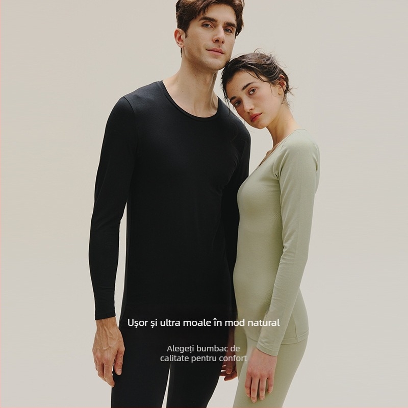 Set termic unisex din bumbac combed – 95–100% bumbac, antibacterian, antistat, cald, mâneci lungi, guler rotund, grosime moderata 181–200 g/m²